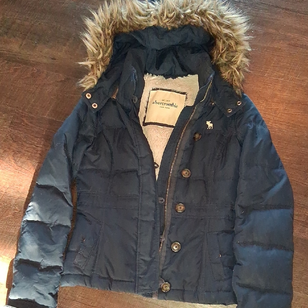 Abercrombie & Fitch Kids Dark Blue Puffer with Faux Fur Trim